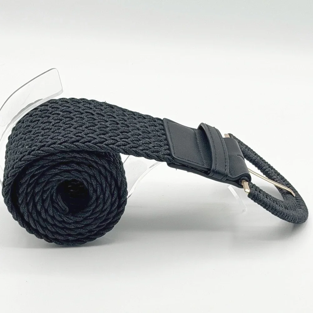 Womens Black Braided Elastic Waist Belt Wide‎ Woven Cinch Gold Horseshoe Buckle